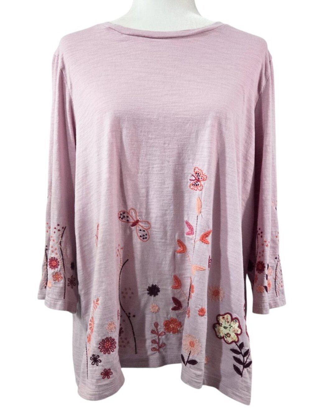 Coldwater Creek Cotton Modal Pale Pink Floral Butterfly Embroidered Top Boho
